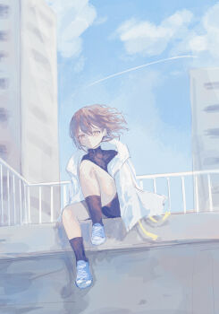 1girl absurdres bang_dream! bang_dream!_it&#039;s_mygo!!!!! black_shirt black_socks blue_shoes brown_eyes closed_mouth commentary floating_hair grey_hair hair_between_eyes highres jacket latte_bf looking_at_viewer railing shirt shoes sitting socks solo takamatsu_tomori white_jacket