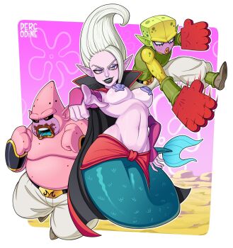belt breasts cape chocolate chocolate_on_face collar colored_skin commentary cosplay crossover detached_sleeves dr._arinsu dragon_ball dragon_ball_daima english_commentary floating_hair food food_on_face gloves highres karate large_breasts majin_duu majin_kuu mermaid monster_girl patrick_star patrick_star_(cosplay) percodine pointing pointing_at_viewer pointy_ears puffy_pants purple_eyes purple_skin sea_sponge seashell shell shell_pasties spongebob_squarepants spongebob_squarepants_(cosplay) spongebob_squarepants_(series) starfish