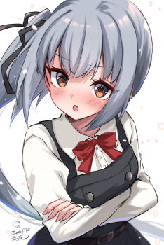 1girl black_ribbon breasts brown_eyes crossed_arms dated dress grey_hair hair_ribbon highres kantai_collection kasumi_(kancolle) kasumi_kai_ni_(kancolle) long_hair long_sleeves looking_at_viewer mashiro_yukiya neck_ribbon open_mouth pinafore_dress red_ribbon ribbon school_uniform shirt side_ponytail signature sleeveless sleeveless_dress solo upper_body white_shirt