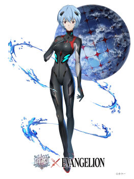 Rule 34 | 1girl, absurdres, ayanami rei, black bodysuit, blue hair, bodysuit, breasts, copyright name, evangelion: 3.0 you can (not) redo, expressionless, full body, hand on own chest, highres, interface headset (evangelion), looking at viewer, mecha pilot suit, neon genesis evangelion, official art, orb, plugsuit (evangelion), rebuild of evangelion, red eyes, shironeko project, short hair, small breasts, solo, standing, water, white background