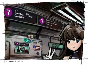 1girl ahoge bare_shoulders black_dress blue_eyes border brown_hair clenched_hand dress english_text gen_2_pokemon gloves green_(pokemon) hand_up happy light_blush looking_at_viewer nintendo parted_lips pilosophos pokemon pokemon_adventures selfie sidelocks sleeveless sleeveless_dress smeargle smile standing subway subway_station traditional_media turtleneck turtleneck_dress upper_body v white_border white_gloves