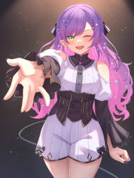 Rule 34 | 1girl, absurdres, aoi zerii, black corset, black nails, clothing cutout, colored inner hair, corset, demon girl, demon tail, highres, hololive, looking at viewer, multicolored hair, nail polish, official alternate costume, one eye closed, open mouth, outstretched hand, pink hair, purple hair, shirt, shorts, shoulder cutout, smile, solo, tail, teeth, tokoyami towa, tokoyami towa (7th costume), upper teeth only, virtual youtuber, white shirt, white shorts