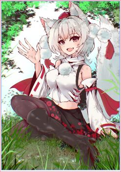 1girl absurdres animal_ears black_thighhighs blue_sky_(user_zgac4337) blush breasts detached_sleeves grass hat highres inubashiri_momiji leaf_print looking_at_viewer maple_leaf_print on_grass open_mouth pom_pom_(clothes) red_eyes red_hat ribbon-trimmed_sleeves ribbon_trim shirt short_hair skirt smile solo tail thighhighs tokin_hat touhou white_hair wolf_ears wolf_girl wolf_tail