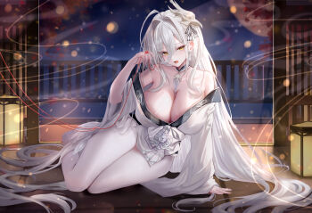 1girl absurdres age_fx ahoge arm_support azur_lane bare_shoulders between_breasts breasts cleavage collarbone commentary_request earrings feet fence from_side hair_between_eyes hair_intakes hair_ornament hair_spread_out hakuhou_(azur_lane) hand_up head_tilt highres holding huge_ahoge japanese_clothes jewelry kimono lantern large_breasts legs lens_flare light_particles long_hair long_hair_between_eyes long_sleeves looking_at_viewer mask mask_on_head night obi off_shoulder on_floor open_mouth pantyhose partial_commentary pelvic_curtain print_kimono sash shouji sitting sliding_doors solo string tassel tassel_earrings tatami thighs toes very_long_hair white_kimono white_pantyhose wide_sleeves wind yellow_eyes yokozuwari
