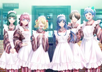 6+girls absurdres apron aqua_eyes black_hair blue_eyes blue_hair character_request closed_eyes closed_mouth commentary_request door frilled_apron frills green_hair hair_bobbles hair_ornament hand_over_eye highres japanese_clothes kimono long_hair long_sleeves looking_at_viewer maid maid_headdress megami_no_cafe_terrace multiple_girls official_art open_mouth parted_lips purple_eyes red_hair seo_kouji short_hair smile standing striped_clothes striped_kimono twintails vertical-striped_clothes vertical-striped_kimono wa_maid white_apron wide_sleeves window yellow_eyes