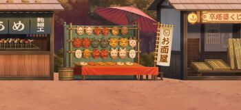 banner bucket fox_mask game_cg hannya human_village_(touhou) hyottoko_mask ko-omote_mask lantern market_stall mask no_humans noh_mask non-web_source official_art okina_mask outdoors paper_lantern parasol red_umbrella scenery sotoba tengu_mask tiger_mask_(object) touhou touhou_gensou_eclipse translation_request twilight umbrella wooden_bucket