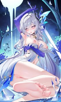 1girl absurdres anus arm_under_breasts armpits ass barefoot blush breasts censored dress feet genshin_impact gloves gradient_gloves gradient_thighhighs highres holding holding_sword holding_weapon jndfh large_breasts large_variant_set long_hair looking_at_viewer mosaic_censoring navel night night_sky nipples no_shoes parted_lips purple_gloves pussy sitting skirk_(genshin_impact) sky soles solo stomach sword toes variant_set weapon white_dress white_hair yokozuwari