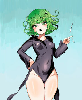 1girl :o absurdres annoyed bare_hips bare_legs black_dress blue_background breasts collarbone covered_erect_nipples covered_navel curly_hair dot_nose dress eyebrows eyelashes feet_out_of_frame female_focus fingernails green_eyes green_hair hand_on_own_hip hand_up highres index_finger_raised legs_together long_sleeves looking_at_viewer matching_hair/eyes medium_hair one-punch_man open_mouth pelvic_curtain petite simple_background small_breasts smug solo standing tatsumaki teeth upper_teeth_only wide_hips yoma_(mayo)