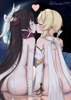 Rule 34 | 2girls, absurdres, ass, back, black hair, blonde hair, blush, closed eyes, columbina (genshin impact), commentary, eye mask, from behind, genshin impact, gouka, hair ornament, heart, highres, kiss, long hair, lumine (genshin impact), mask, multicolored hair, multiple girls, nude, purple hair, short hair with long locks, sitting, twitter username, very long hair, wing hair ornament, yuri