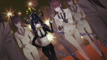 6+girls absurdres belt black_hair expressionless highres horns midriff multiple_girls navel p_(pm_611a) pants tagme