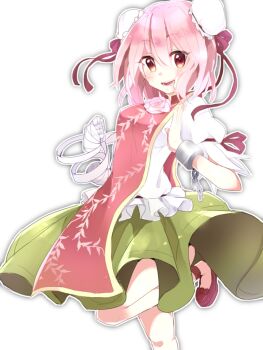 bandaged_arm bandages blush bun_cover commentary_request cuffs double_bun flower green_skirt hair_between_eyes hair_bun highres ibaraki_kasen looking_at_viewer open_mouth pink_flower pink_rose red_eyes red_ribbon red_shoes red_tabard reirou_(chokoonnpu) ribbon rose shackles shirt shoes simple_background skirt standing standing_on_one_leg tabard touhou white_background white_shirt