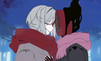 1girl 1other black_fire blue_eyes clock coat dante_(limbus_company) faust_(project_moon) fire flaming_head grey_coat holding_hands lapels limbus_company notched_lapels object_head open_mouth other_with_female pink_scarf project_moon red_scarf rodionlotte scarf short_hair sky smile star_(sky) starry_sky upper_body white_hair