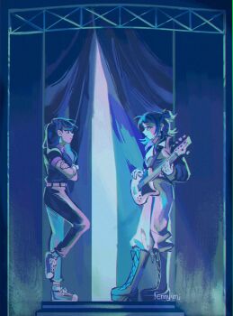 Rule 34 | 2girls, 5-string bass guitar, bang dream!, bang dream! it's mygo!!!!!, bass guitar, blue theme, boots, commentary, crossed arms, earrings, english commentary, extended range bass guitar, guitar strap, half updo, highres, holding, holding bass guitar, holding instrument, instrument, jewelry, long hair, medium hair, multiple girls, pants, phos (ennuuiim), shiina taki, shirt, short sleeves, yahata umiri