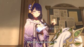 absurdres armor bottle dab_neko genshin_impact hair_ornament highres holding holding_bottle japanese_armor japanese_clothes non-web_source raiden_shogun screencap stormz67