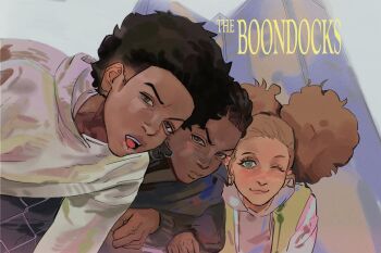 Rule 34 | 1girl, 2boys, adult swim, afro, braid, braided sidelock, brown eyes, dark-skinned female, dark-skinned male, dark skin, green eyes, hood, hoodie, huey freeman, jazmine dubois, kaichi1129, long sleeves, multiple boys, riley freeman, the boondocks, twintails
