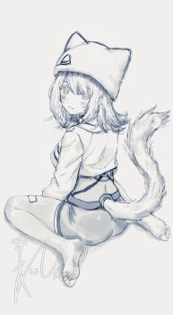 1girl arknights arknights:_endfield ass bandaid bandaid_on_cheek bandaid_on_face barefoot blush_stickers commentary crop_top cropped_shirt estella_(arknights) feet grey_background greyscale hat highres ichiya_refi light_smile long_sleeves looking_at_viewer medium_hair monochrome short_shorts shorts simple_background sitting soles solo symbol-only_commentary tail tail_raised toes turning_head wariza watermark