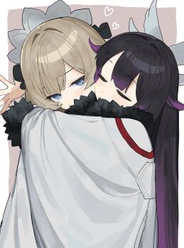 2girls black_bow black_hair blue_eyes blush border bow brown_background brown_hair closed_eyes coat columbina_(genshin_impact) commentary_request fur-trimmed_coat fur_trim genshin_impact gradient_hair hair_bow head_wings heart highres hug long_hair looking_at_another multicolored_hair multiple_girls outside_border purple_hair sandrone_(genshin_impact) tanururi upper_body white_border white_coat white_headdress white_wings wings yuri