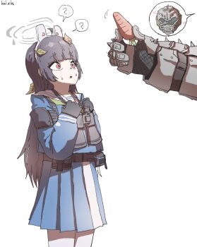 1boy 1girl ? ahoge animal_ears artist_name black_hair blue_archive blue_serafuku blue_shirt blue_skirt carrot commentary confused crossover doom_(series) doomguy fake_animal_ears green_neckerchief grey_halo halo helmet highres holding holding_carrot kai_xin leaf leaf_on_head long_hair miyu_(blue_archive) neckerchief pantyhose pleated_skirt rabbit_ears red_eyes sailor_collar school_uniform serafuku shirt simple_background skirt spoken_question_mark untranslatable_commentary white_background white_pantyhose white_sailor_collar