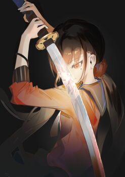 1girl absurdres arms_up black_background black_sailor_collar commentary_request danganronpa_(series) danganronpa_v3:_killing_harmony from_side gakkiyui1 hair_ornament hair_scrunchie harukawa_maki highres holding holding_sword holding_weapon katana long_hair long_sleeves mole mole_under_eye red_eyes red_scrunchie red_shirt sailor_collar scrunchie shirt simple_background skirt sword twintails upper_body weapon