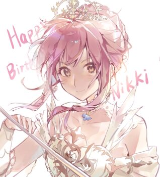 Rule 34 | 1girl, armor, bare shoulders, breastplate, brown eyes, character name, chinese commentary, closed mouth, collar, commentary request, detached collar, dress, earrings, english text, eyelashes, feather-trimmed dress, floating hair, frilled arm warmers, hair bun, happy, happy birthday, highres, holding, holding sword, holding weapon, infinity nikki, jewelry, lace collar, light blush, looking at viewer, melody bloom (infinity nikki), nikki (nikki), nikki (series), off-shoulder dress, off shoulder, pink hair, short hair with long locks, short sleeves, sidelocks, simple background, single hair bun, smile, solo, sword, tareme, tiara, upper body, weapon, white arm warmers, white background, white collar, white dress, wind, youxianxingtai