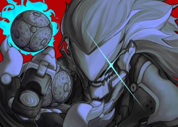 1boy 2do_ne_8 banyue_(zenless_zone_zero) claws commentary_request floating_ball grey_hair hand_up highres holding holding_orb humanoid_robot male_focus open_mouth orb portrait red_background robot robot_boy sharp_teeth solo teeth zenless_zone_zero