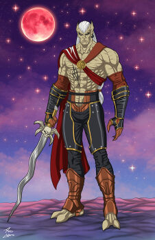 Rule 34 | 1boy, abs, barefoot, black pants, bracer, cape, claws, commentary, commission, earrings, english commentary, fingerless gloves, full body, full moon, gloves, highres, holding, holding sword, holding weapon, jewelry, kain (legacy of kain), legacy of kain, light frown, long hair, long sword, looking at viewer, male focus, moon, muscular, muscular male, night, pants, phil-cho, purple sky, red cape, scar, scar on stomach, signature, skull, sky, soul reaver (sword), standing, star (sky), starry sky, sword, topless male, vampire, weapon, white hair, yellow eyes