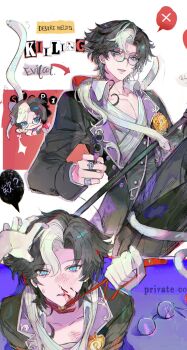 1boy 1other absurdres aiming black_hair black_jacket black_pants blood blue_eyes bow breasts brooch chibi cleavage collar english_text glasses gun hair_bow highres holding holding_gun holding_leash holding_weapon identity_v jacket jewelry joseph_desaulniers joseph_desaulniers_(d.m.) leash looking_at_viewer male_focus multicolored_hair multiple_rings multiple_views nosebleed pants pectoral_cleavage pectorals ponytail pov pov_hands red_bow ring snake snake_wrapped_around_neck solo_focus two-tone_hair weapon white_hair white_snake xiaomianduoshao