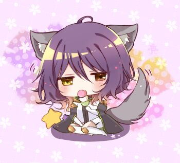 1girl ahoge animal_ears brown_eyes chibi eating floral_background full_body gina_(gnosia) gnosia hair_between_eyes heterochromia long_sleeves medium_hair purple_hair rocomani solo tail wavy_hair