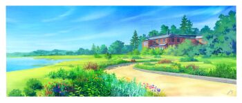 blue_flower blue_sky day flower grass highres house mountainous_horizon no_humans orange_flower original path pine_tree plant purple_flower road sawitou_mizuki scenery sky tree