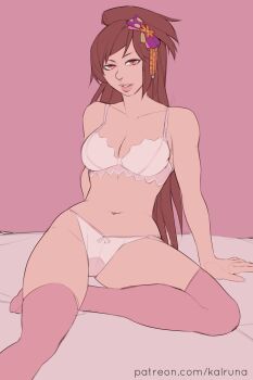 absurdres bed bed_sheet bra breasts brown_hair cleavage collarbone hair_bun hair_ribbon highres kalruna lingerie lips lipstick long_hair looking_at_viewer makeup medium_breasts navel nintendo oichi_(pokemon_conquest) oichi_(sengoku_musou) panties parted_lips pink_thighhighs pokemon pokemon_conquest ponytail red_eyes ribbon ribbon_trim sitting swept_bangs thick_thighs thighhighs thighs underwear white_bra white_panties wide_hips