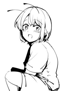 Rule 34 | 1girl, androgynous, antennae, blush, commentary request, cowboy shot, greyscale, lineart, looking at viewer, looking to the side, monochrome, open mouth, sadahiro (chicken nugget gyuuniku aji), short hair, short sleeves, shorts, simple background, sitting, smile, solo, touhou, wriggle nightbug