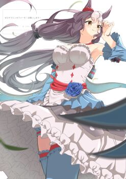 1girl absurdres armpits blush breasts brown_eyes brown_hair closed_mouth commentary_request detached_sleeves hair_between_eyes hair_ornament highres horse_girl kazoku_chicken long_hair low_twintails medium_breasts simple_background smile thighhighs translation_request twintails umamusume white_background wind yamanin_zephyr_(umamusume)