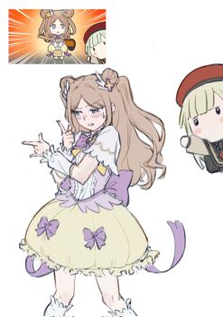Rule 34 | 2girls, anime screenshot inset, back bow, bang dream!, bang dream! it's mygo!!!!!, beret, black eyes, blue eyes, blush, bow, brown hair, bubble skirt, center frills, clenched teeth, commentary request, dazhong (dazhong02312), detached sleeves, embarrassed, flower hairpin, frilled sleeves, frills, furrowed brow, gold trim, green hair, hair bun, hair ornament, hat, highres, humiliation, kneehighs, long hair, long ribbon, magical girl, mortis (bang dream!), mortis (persona) (bang dream!), multicolored shirt, multiple girls, nagasaki soyo, neck ribbon, official alternate hairstyle, parted bangs, puffy sleeve cuffs, puffy sleeves, purple bow, purple ribbon, purple shirt, reference inset, ribbon, screenshot inset, shirt, skirt, sleeve cuffs, socks, sweatdrop, teeth, wakaba mutsumi, wakaba mutsumi (doll), wavy hair, white shirt, white sleeves, white socks, wing hair ornament, yellow skirt