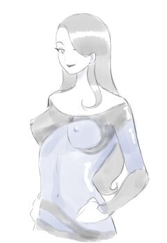 1girl batman_(series) batman_beyond black_bodysuit black_lips blue_bodysuit bodysuit breasts covered_erect_nipples cropped_torso dc_comics dcau female_focus hair_over_one_eye hands_on_own_hips inque lissa_(pikabeeart) long_hair mature_female medium_breasts multicolored_bodysuit nipples pale_skin shiny_clothes simple_background solo white_background