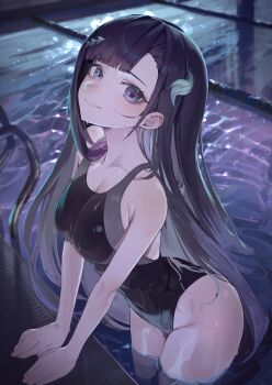 1girl absurdres alternate_costume apopo black_hair black_one-piece_swimsuit breasts cleavage collarbone commentary competition_swimsuit hair_ornament hashtag-only_commentary highres honkai:_star_rail honkai_(series) hysilens_(honkai:_star_rail) long_hair looking_at_viewer medium_breasts one-piece_swimsuit pool purple_eyes smile solo swimsuit wading water