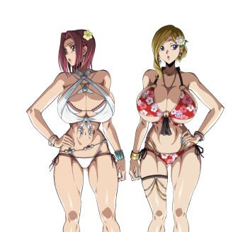 2girls alternate_breast_size ass bare_shoulders bikini blonde_hair bracelet breasts code_geass collarbone curvy flower flower_on_head gluteal_fold hair_bun hair_flower hair_ornament hand_on_own_hip highres iwao178 jewelry kouzuki_kallen large_breasts looking_to_the_side milly_ashford multiple_girls open_mouth red_hair shiny_skin simple_background swimsuit thigh_strap thong thong_bikini white_background wide_hips