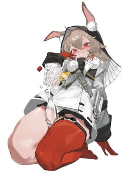 1girl 2242592427 absurdres ahoge animal_ear_fluff animal_ears arknights arm_support between_thighs black_hood black_skirt bottle bottle_between_thighs bottle_cap brown_hair caper_(arknights) cup ears_through_hood full_body gloves hair_between_eyes hand_up highres jacket long_sleeves miniskirt naughty_face parted_lips rabbit_ears rabbit_girl red_eyes red_gloves short_hair simple_background single_thighhigh skirt smile solo thick_thighs thighhighs thighs turtleneck water_bottle white_background white_jacket wide_hips zettai_ryouiki
