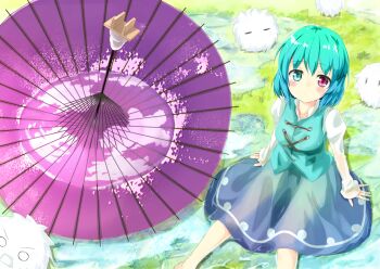 Rule 34 | 1girl, after rain, blue eyes, blue hair, blue skirt, blue vest, bluekalmia, blush, breasts, circle skirt, closed mouth, from above, juliet sleeves, karakasa obake, kedama (touhou), long sleeves, looking at viewer, looking up, medium breasts, oil-paper umbrella, puddle, puffy sleeves, red eyes, short hair, sitting, skirt, tatara kogasa, touhou, umbrella, vest