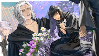 1girl 2boys black_capelet black_cloak black_robe braid capelet cloak commission commissioner_upload edo_mond_(edoedoedomond) emet-selch final_fantasy final_fantasy_xiv flower highres hood hood_down hooded_capelet hooded_robe hythlodaeus hyur looking_at_another looking_at_viewer mask mask_around_neck multiple_boys ponytail purple_eyes purple_hair robe side_braid single_braid skeb_commission sophist's_robe_(ff14) unworn_mask white_eyes white_hair yellow_eyes