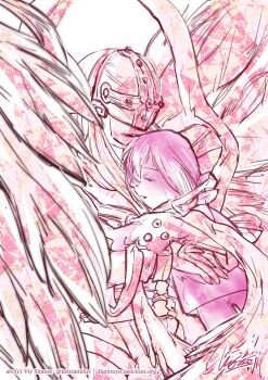 Rule 34 | angel wings, angewomon, colorful, commentary, covered eyes, digimon, digimon (creature), digimon adventure, digimon day, english commentary, helmet, helmet over eyes, highres, holding digimon, viy sitante, wings, yagami hikari