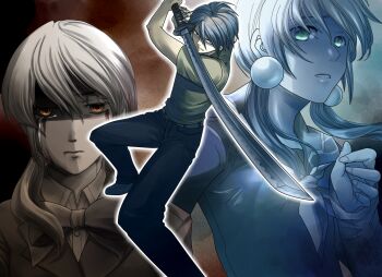 Rule 34 | black hair, brown hair, corpse party, corpse party (pc-98), corpse party if, holding, kishinuma yoshiki, kishinuma yoshiki (pc-98), long hair, minamino akari, multiple girls, neckerchief, nno (artist), aged up, sailor collar, school uniform, serafuku, shinozaki ayumi, shinozaki ayumi (pc-98), short hair, sword, tears, twintails, weapon