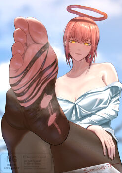 absurdres breasts buttons chainsaw_man commentary_request feet foot_focus halo highres large_breasts looking_at_viewer makima_(chainsaw_man) off_shoulder pantyhose presenting_own_foot red_hair shirt sitting sky souvenirinevuos torn_clothes torn_pantyhose yellow_eyes