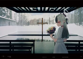 Rule 34 | 1girl, aoore x64, bench, black choker, black hair, blue archive, bouquet, choker, closed mouth, commentary request, cross, double-parted bangs, dress, ear piercing, flower, gradient hair, grey hair, grey halo, hair between eyes, halo, holding, holding bouquet, horns, kayoko (blue archive), latin cross, long hair, looking at flowers, looking down, multicolored hair, piercing, red eyes, short sleeves, solo, two-tone hair, white dress