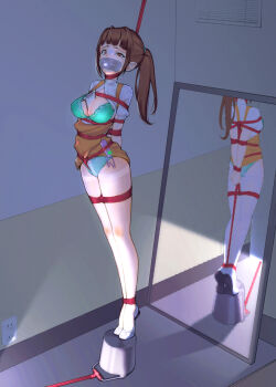 1girl bdsm bondage bound bra breasts brown_hair bucket green_bra green_panties hidden_(pixiv_46421548) highres large_breasts lingerie mirror object_between_breasts orange_eyes panties peril ponytail red_rope rope sex_toy shibari shibari_over_clothes solo tape_gag underwear vibrator vibrator_cord vibrator_under_clothes