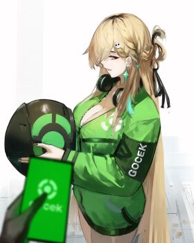 1girl 1other absurdres alternate_costume black_nails blonde_hair blurry blurry_foreground breasts cellphone cleavage commentary earrings english_commentary from_side green_jacket hair_ornament headphones headphones_around_neck helmet highres holding holding_phone holding_unworn_helmet jacket jewelry lewdlily66 long_hair lynae_(wuthering_waves) medium_breasts nail_polish open_mouth phone pov pov_hands purple_eyes sideways_glance skull_hair_ornament smartphone smile star_(symbol) star_earrings unworn_headwear unworn_helmet very_long_hair wuthering_waves