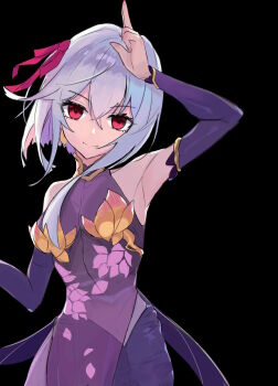 1girl absurdres arm_up armlet armor armpits bare_shoulders bikini_armor blush bracelet breasts chinese_commentary collar commentary detached_sleeves dress earrings fate/grand_order fate_(series) floral_print hair_ribbon highres index_finger_raised itagaki_rihito jewelry kama_(assassin)_(first_ascension)_(fate) kama_(fate) kama_(first_ascension)_(fate) kama_(young)_(fate) looking_at_viewer metal_collar miniskirt pelvic_curtain purple_dress purple_skirt purple_sleeves red_eyes ribbon short_hair skirt small_breasts smile solo white_hair