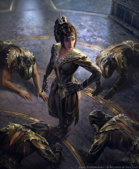 Rule 34 | 1girl, 4boys, akreon, all fours, baldur's gate, baldur's gate 3, black hair, breasts, dungeons & dragons, dungeons &amp; dragons, gloves, highres, kneeling, long hair, medium breasts, multiple boys, ponytail, scar, shadowheart (baldur's gate), solo