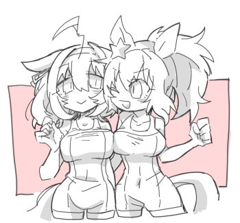 2girls ;d ahoge animal_ears bare_arms bare_shoulders beer_hsk breasts closed_mouth collarbone commentary_request covered_navel cropped_legs greyscale_with_colored_background hair_between_eyes hair_ornament hairband horse_ears horse_girl horse_tail large_breasts long_hair meisho_doto_(umamusume) multiple_girls one-piece_swimsuit one_eye_closed open_mouth pink_background ponytail smile star_(symbol) star_hair_ornament swimsuit taiki_shuttle_(umamusume) tail two-tone_background umamusume white_background