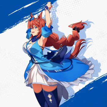 1girl absurdres animal_ears armpits arms_up bag black_scrunchie blue_bag blue_dress blue_eyes blue_scarf blue_socks blue_thighhighs bow braid braided_ponytail breasts brown_hair brown_tail cleaned cleavage detached_sleeves dress ear_ribbon female_focus hair_ornament hair_scrunchie highres horse_ears horse_girl horse_tail jumping large_breasts layered_skirt long_hair medium_skirt official_art open_mouth overskirt scarf scrunchie short_sleeves shoulder_bag skirt sleeveless sleeveless_dress smile socks solo super_creek_(murmuring_stream)_(umamusume) super_creek_(umamusume) tail textless_version thick_thighs thighhighs thighs umamusume umamusume:_cinderella_gray very_long_hair white_dress white_skirt zettai_ryouiki