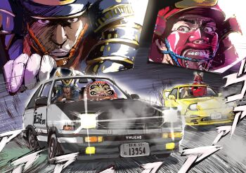 2boys arachangram18 armor car daruma_doll deer drifting fujiwara_takumi's_toyota_trueno_ae86 highres initial_d japanese_armor japanese_clothes kote mazda mazda_rx-7 mazda_rx-7_fd motor_vehicle multiple_boys parody pop-up_headlights shirt shoulder_armor sode takahashi_keisuke's_mazda_rx-7_fd takeda_general_(yasuke_simulator) toyota toyota_sprinter_trueno vehicle_focus yasuke_(yasuke_simulator) yasuke_simulator